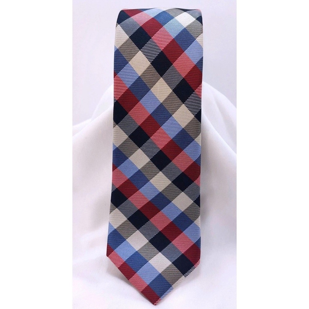 JOS A BANK Repp Tie‎ Red Blue Black Plaid Mens Necktie 60" x 3"